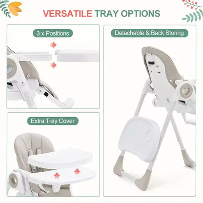 Folding High Chair for Babies & Toddlers - Adjustable 5-Point Safety Harness, Multiple Recline, Removable Easy-Clean Tray & Lightweight Design