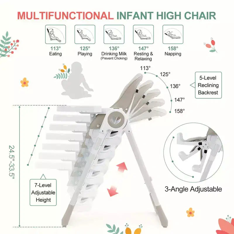 Folding High Chair for Babies & Toddlers - Adjustable 5-Point Safety Harness, Multiple Recline, Removable Easy-Clean Tray & Lightweight Design