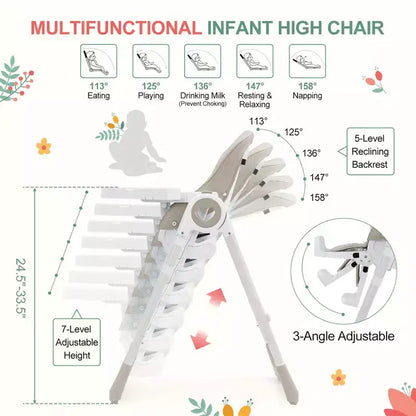 Folding High Chair for Babies & Toddlers - Adjustable 5-Point Safety Harness, Multiple Recline, Removable Easy-Clean Tray & Lightweight Design