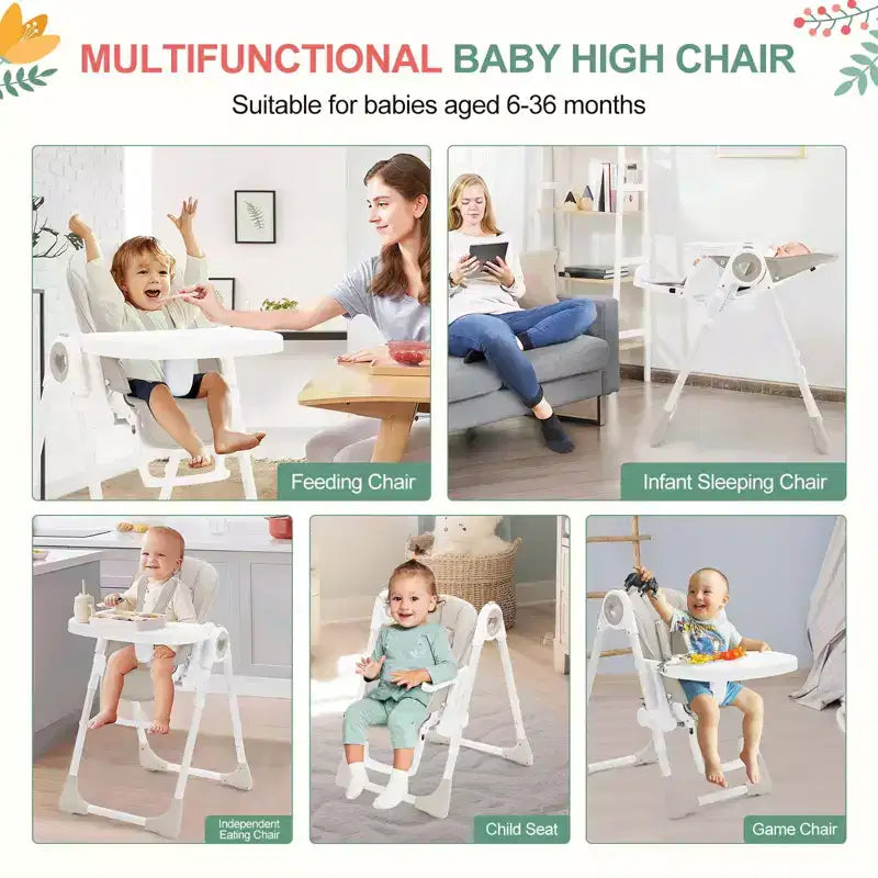 Folding High Chair for Babies & Toddlers - Adjustable 5-Point Safety Harness, Multiple Recline, Removable Easy-Clean Tray & Lightweight Design