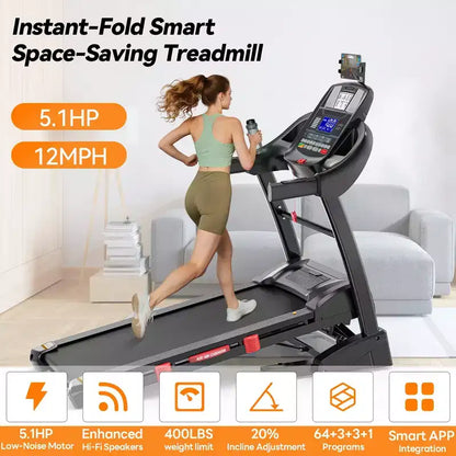 20% Auto Incline Treadmill,4.95HP Folding Treadmill 400lb Capacity,71 Program,12MPH,Personalized Workout W/ APP Control,Jogging Walking Home Treadmill
