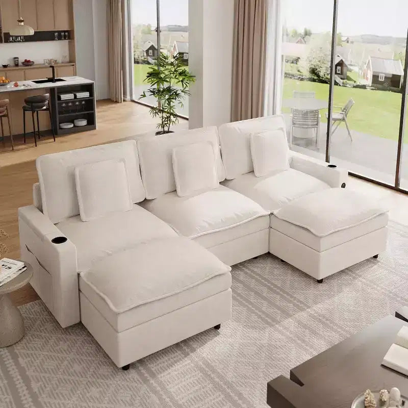 108 in Cloud Modular Sectional Sofa with Storage Armrests and Charging Ports, Movable Ottoman and Cup Holder Included, Beige