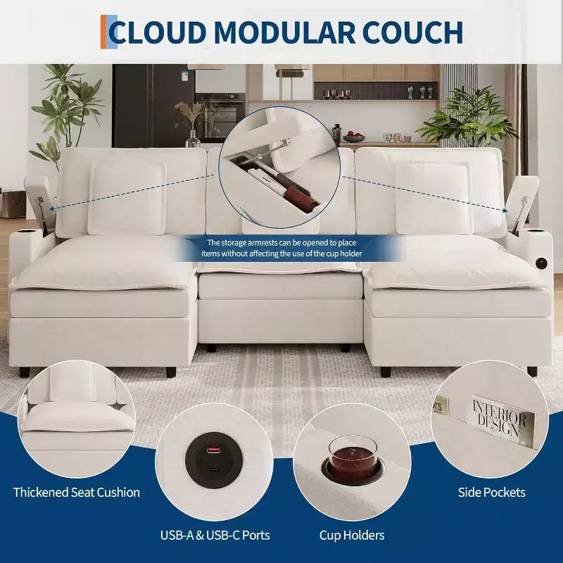 Canapé sectionnel modulaire 108 po Cloud avec accoudoirs de rangement et ports de charge, pouf mobile et porte-gobelet inclus, beige