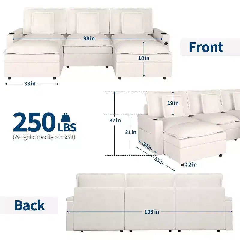 Canapé sectionnel modulaire 108 po Cloud avec accoudoirs de rangement et ports de charge, pouf mobile et porte-gobelet inclus, beige
