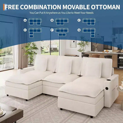Canapé sectionnel modulaire 108 po Cloud avec accoudoirs de rangement et ports de charge, pouf mobile et porte-gobelet inclus, beige