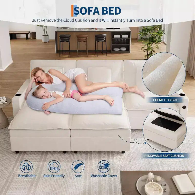 Canapé sectionnel modulaire 108 po Cloud avec accoudoirs de rangement et ports de charge, pouf mobile et porte-gobelet inclus, beige