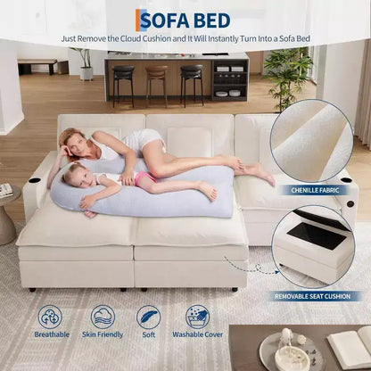 Canapé sectionnel modulaire 108 po Cloud avec accoudoirs de rangement et ports de charge, pouf mobile et porte-gobelet inclus, beige
