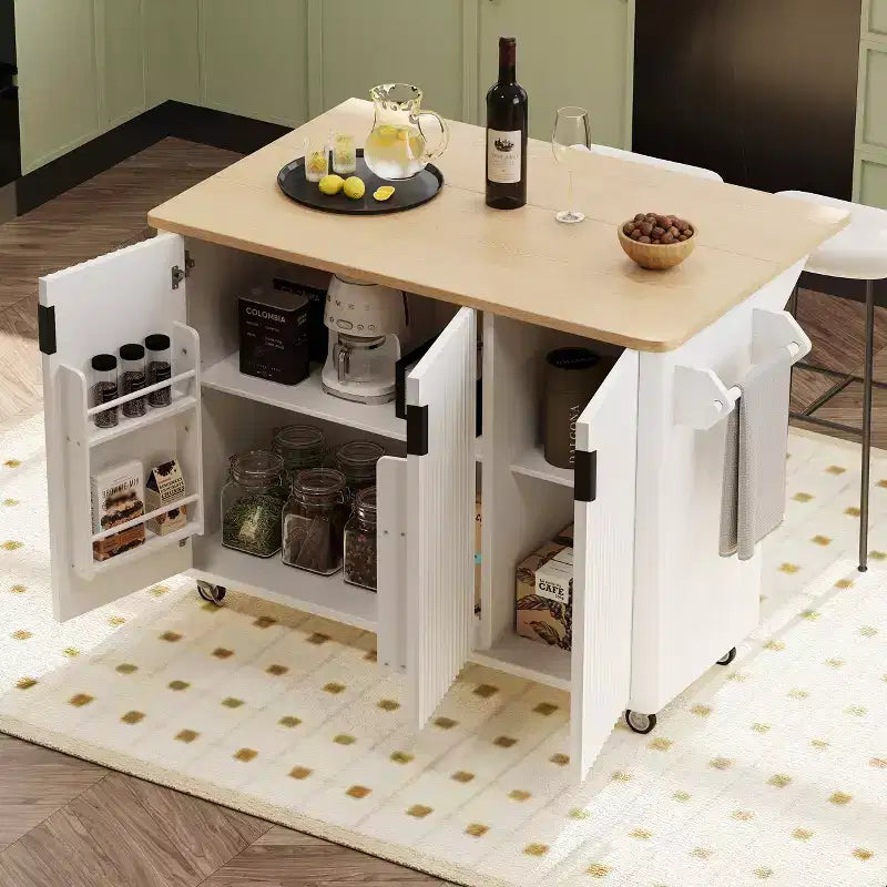 GDFStudio Yasir 51 Farmhouse Fluted Kitchen Island with Drop Leaf, Wheels and Internal Storage Rack