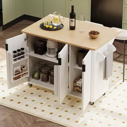 GDFStudio Yasir 51 Farmhouse Fluted Kitchen Island with Drop Leaf, Wheels and Internal Storage Rack