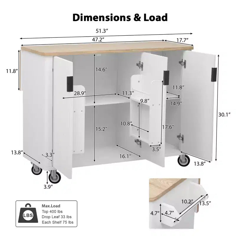 GDFStudio Yasir 51 Farmhouse Fluted Kitchen Island with Drop Leaf, Wheels and Internal Storage Rack