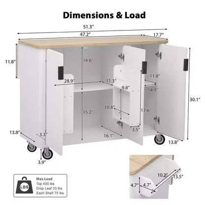 GDFStudio Yasir 51 Farmhouse Fluted Kitchen Island with Drop Leaf, Wheels and Internal Storage Rack