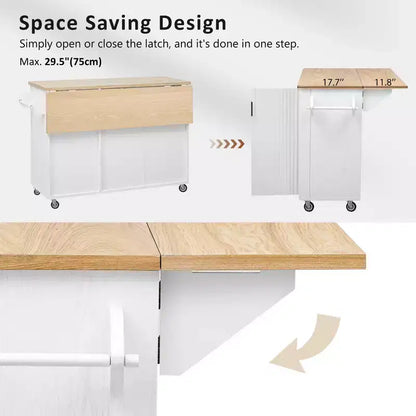 GDFStudio Yasir 51 Farmhouse Fluted Kitchen Island with Drop Leaf, Wheels and Internal Storage Rack