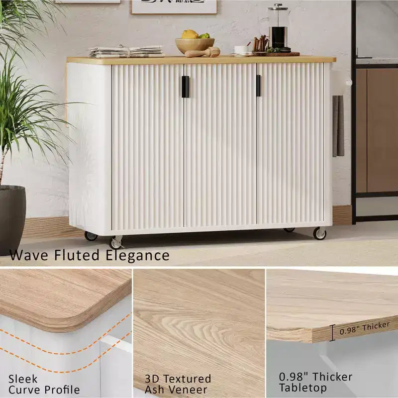 GDFStudio Yasir 51 Farmhouse Fluted Kitchen Island with Drop Leaf, Wheels and Internal Storage Rack