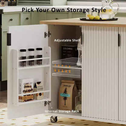 GDFStudio Yasir 51 Farmhouse Fluted Kitchen Island with Drop Leaf, Wheels and Internal Storage Rack