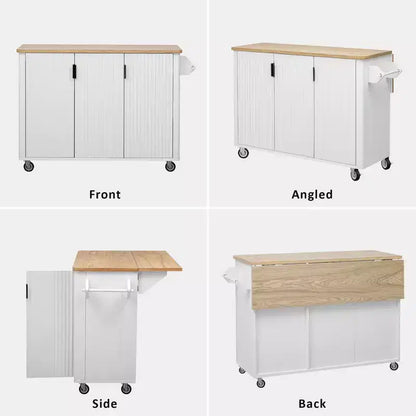 GDFStudio Yasir 51 Farmhouse Fluted Kitchen Island with Drop Leaf, Wheels and Internal Storage Rack