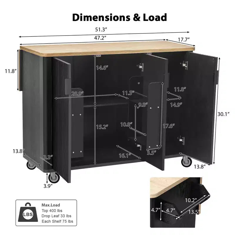 GDFStudio Yasir 51 Farmhouse Fluted Kitchen Island with Drop Leaf, Wheels and Internal Storage Rack