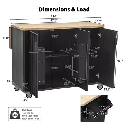 GDFStudio Yasir 51 Farmhouse Fluted Kitchen Island with Drop Leaf, Wheels and Internal Storage Rack