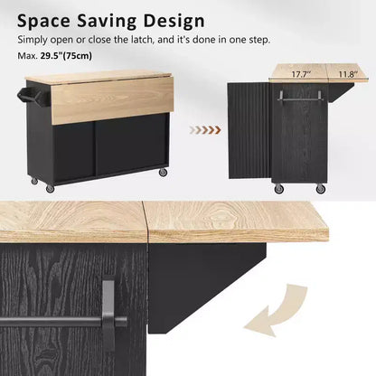 GDFStudio Yasir 51 Farmhouse Fluted Kitchen Island with Drop Leaf, Wheels and Internal Storage Rack