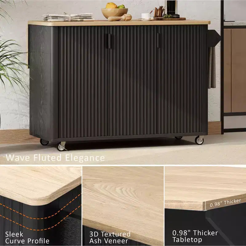 GDFStudio Yasir 51 Farmhouse Fluted Kitchen Island with Drop Leaf, Wheels and Internal Storage Rack