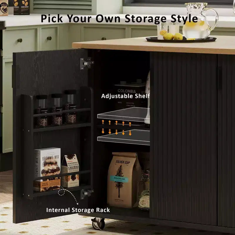 GDFStudio Yasir 51 Farmhouse Fluted Kitchen Island with Drop Leaf, Wheels and Internal Storage Rack