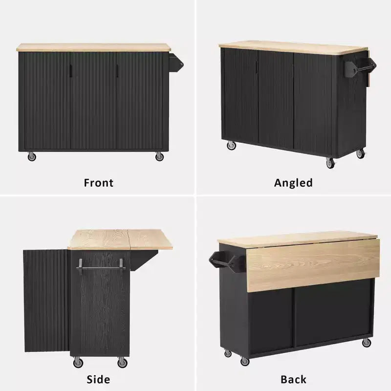 GDFStudio Yasir 51 Farmhouse Fluted Kitchen Island with Drop Leaf, Wheels and Internal Storage Rack