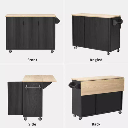 GDFStudio Yasir 51 Farmhouse Fluted Kitchen Island with Drop Leaf, Wheels and Internal Storage Rack