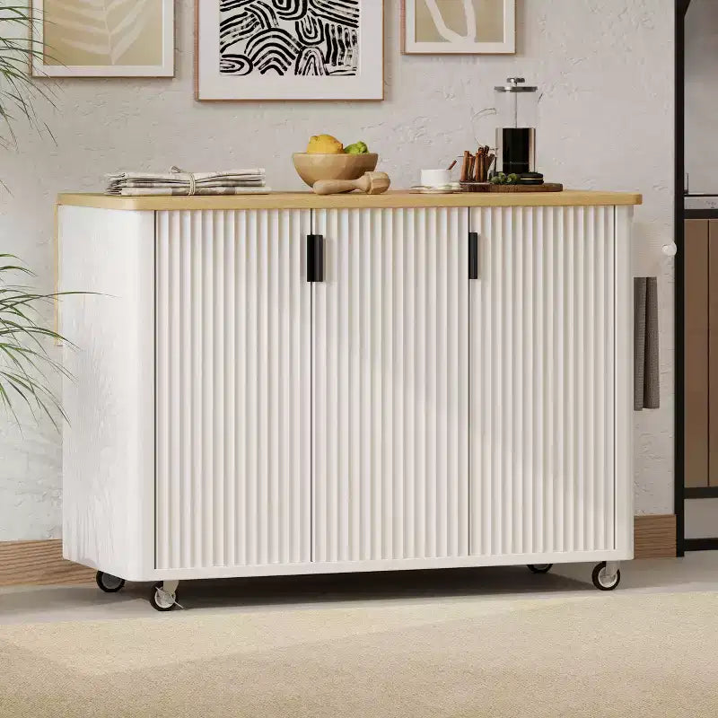 GDFStudio Yasir 51 Farmhouse Fluted Kitchen Island with Drop Leaf, Wheels and Internal Storage Rack