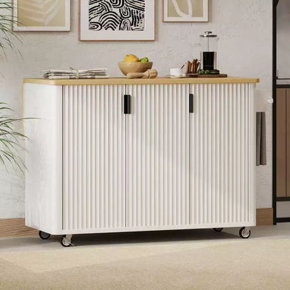 GDFStudio Yasir 51 Farmhouse Fluted Kitchen Island with Drop Leaf, Wheels and Internal Storage Rack