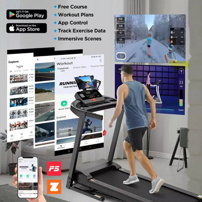 Tapis roulant pliable 2,75 CV, capacité de 136 kg, 3 niveaux d'inclinaison, vitesse de 12 km/h, pour la maison, 64+6+1 programmes, application intelligente, haut-parleurs stéréo Bluetooth Hi-Fi