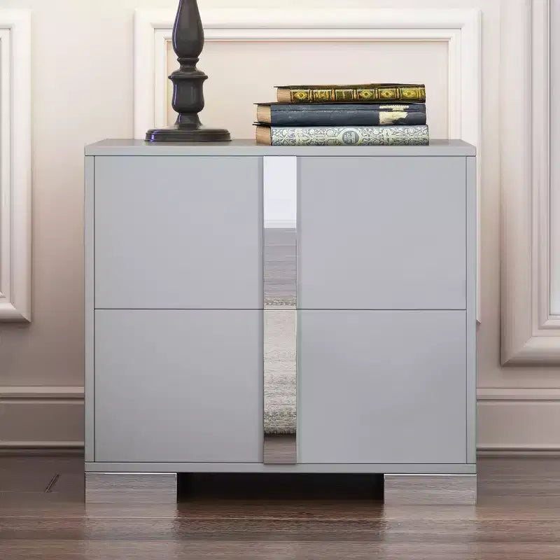Whisen Elegant Nightstand, Mirrored Bedside Table with 2 Drawers, Metal Foot