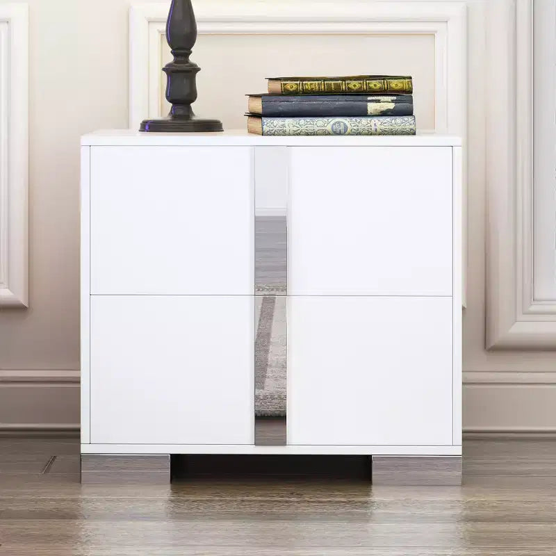 Whisen Elegant Nightstand, Mirrored Bedside Table with 2 Drawers, Metal Foot