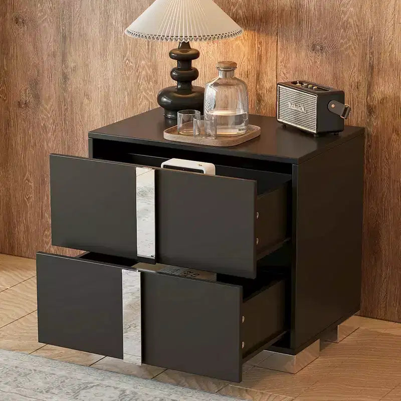 Whisen Elegant Nightstand, Mirrored Bedside Table with 2 Drawers, Metal Foot