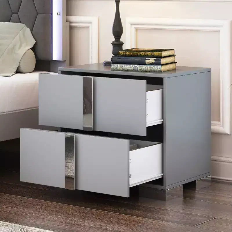 Whisen Elegant Nightstand, Mirrored Bedside Table with 2 Drawers, Metal Foot