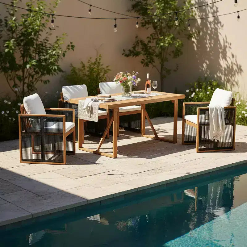 Christopher Knight Home Reina Modern 5 Piece Outdoor Acacia Wood Dining Set with Handwoven Cord