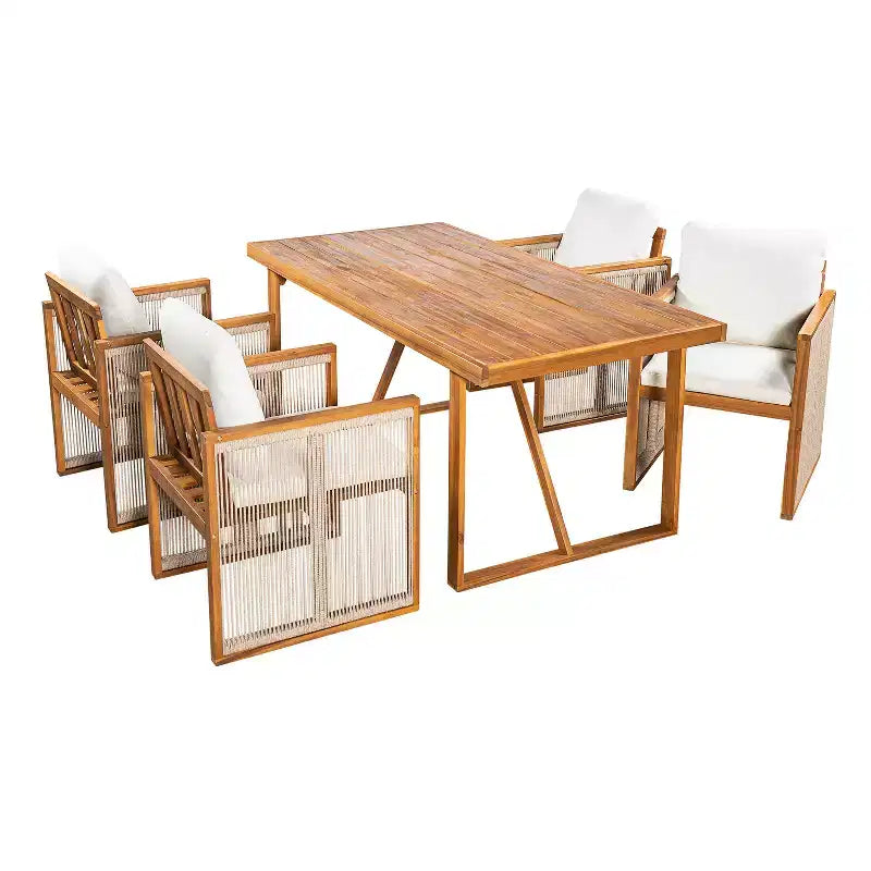 Christopher Knight Home Reina Modern 5 Piece Outdoor Acacia Wood Dining Set with Handwoven Cord