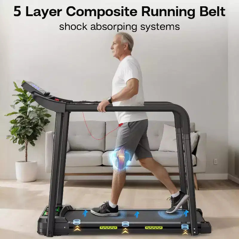 Okak Walking Pad Treadmill for Senior, Foldable Treadmill with Long Handrail for Balance, Treadmill with Large LED Display, Black