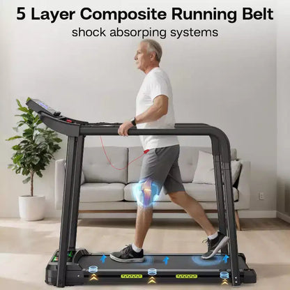 Okak Walking Pad Treadmill for Senior, Foldable Treadmill with Long Handrail for Balance, Treadmill with Large LED Display, Black