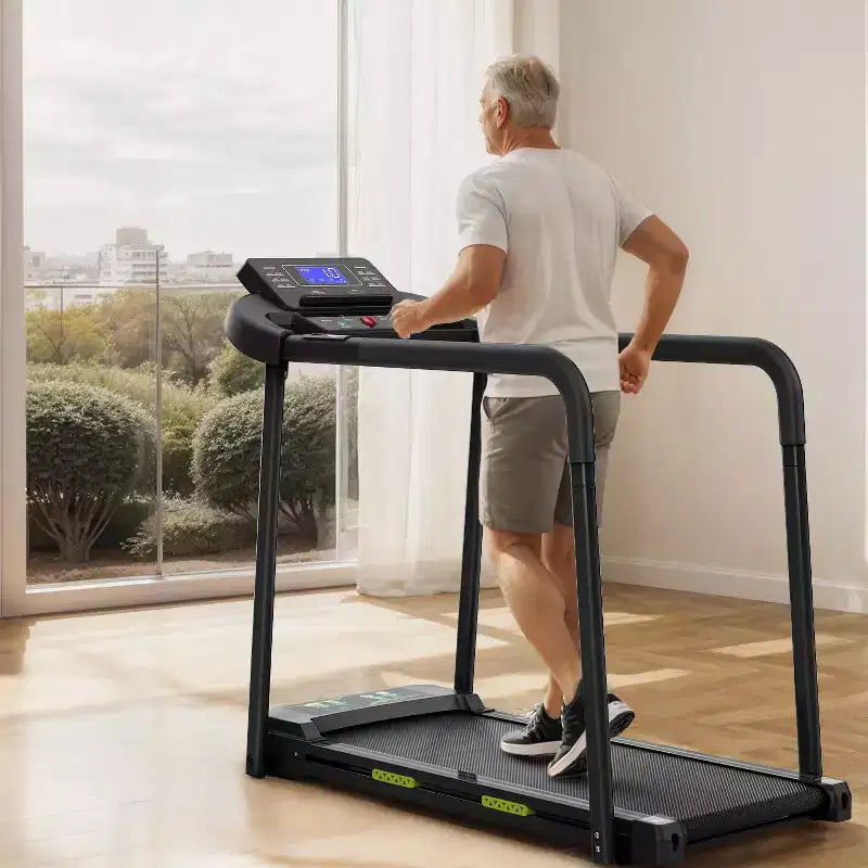 Okak Walking Pad Treadmill for Senior, Foldable Treadmill with Long Handrail for Balance, Treadmill with Large LED Display, Black