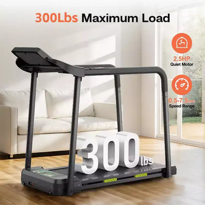 Okak Walking Pad Treadmill for Senior, Foldable Treadmill with Long Handrail for Balance, Treadmill with Large LED Display, Black