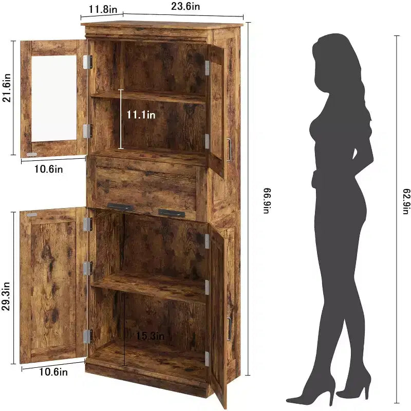 Meuble de rangement haut de salle de bain de 170 cm, 4 portes et tiroir en verre basculant, organisateur autoportant avec étagères réglables pour cuisine, garde-manger, salon