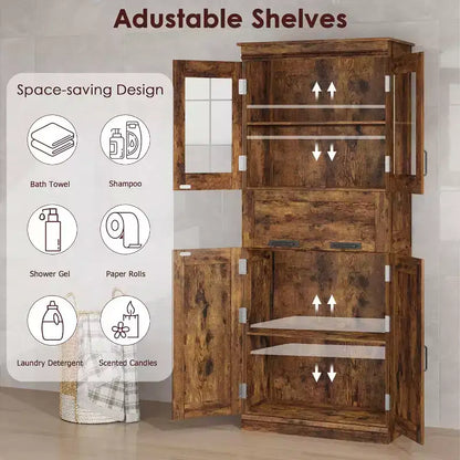 Meuble de rangement haut de salle de bain de 170 cm, 4 portes et tiroir en verre basculant, organisateur autoportant avec étagères réglables pour cuisine, garde-manger, salon