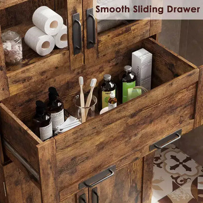 Meuble de rangement haut de salle de bain de 170 cm, 4 portes et tiroir en verre basculant, organisateur autoportant avec étagères réglables pour cuisine, garde-manger, salon