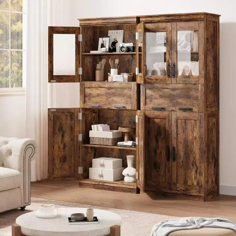 Meuble de rangement haut de salle de bain de 170 cm, 4 portes et tiroir en verre basculant, organisateur autoportant avec étagères réglables pour cuisine, garde-manger, salon