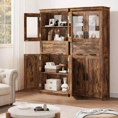 Meuble de rangement haut de salle de bain de 170 cm, 4 portes et tiroir en verre basculant, organisateur autoportant avec étagères réglables pour cuisine, garde-manger, salon