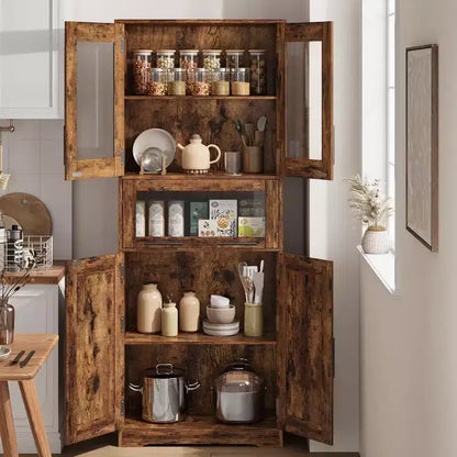 Meuble de rangement haut de salle de bain de 170 cm, 4 portes et tiroir en verre basculant, organisateur autoportant avec étagères réglables pour cuisine, garde-manger, salon