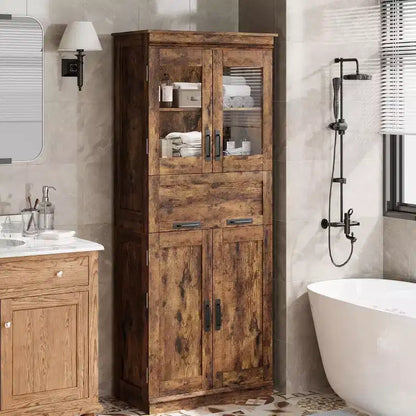 Meuble de rangement haut de salle de bain de 170 cm, 4 portes et tiroir en verre basculant, organisateur autoportant avec étagères réglables pour cuisine, garde-manger, salon