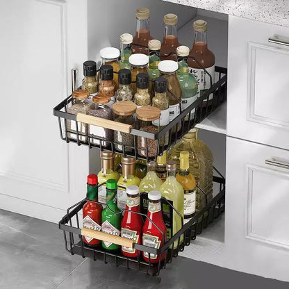 Black Carbon Steel Under-Cabinet Pull-Out Organizer Racks, No-Drill Spice Bottle Storage Shelves for Kitchen