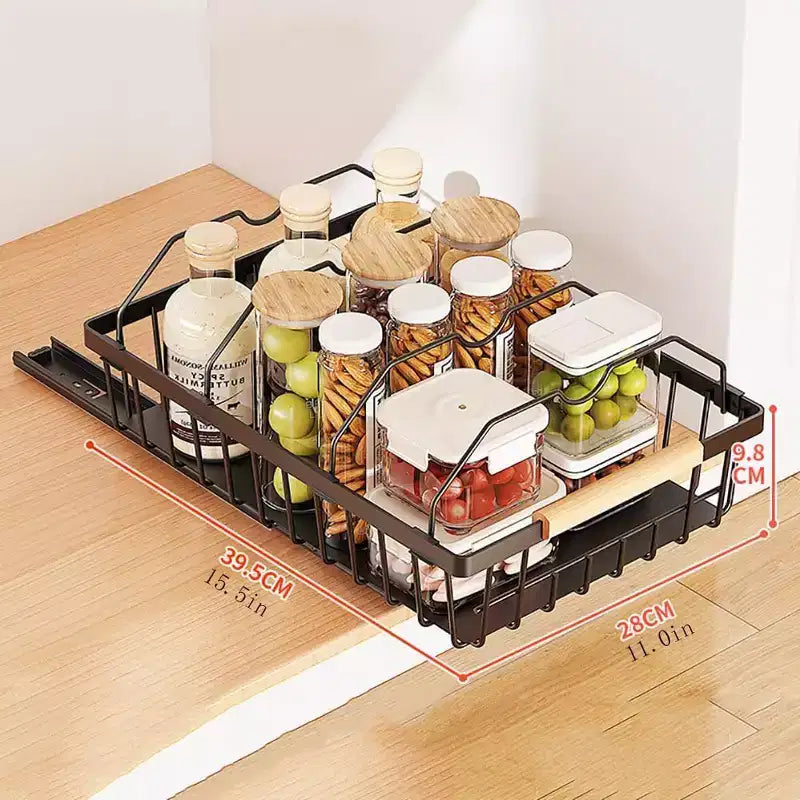 Black Carbon Steel Under-Cabinet Pull-Out Organizer Racks, No-Drill Spice Bottle Storage Shelves for Kitchen