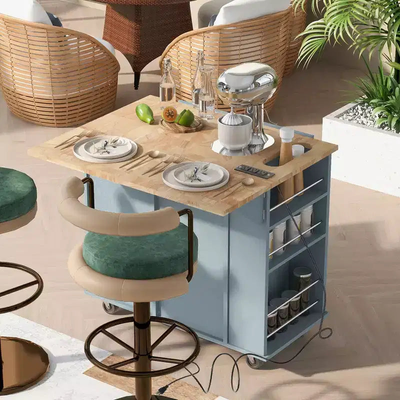 GDFStudio Patsy Movable Kitchen Island with Power Outlet, Drop Leaf and Rubber Wood Top