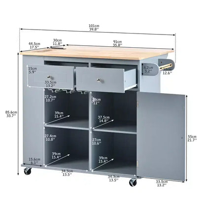 GDFStudio Patsy Movable Kitchen Island with Power Outlet, Drop Leaf and Rubber Wood Top
